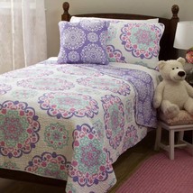 DH 3 Piece Girls Medallion Quilt Twin Set Cute All Over Flowers Mandala Motif - $85.13