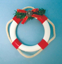 Red &amp; White Life Ring w/GREENERY &amp; Rope Coastal Nautical Christmas Ornament - £6.68 GBP