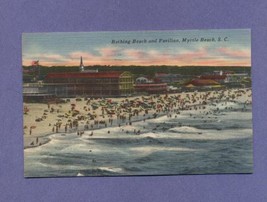 Vintage Linen Postcard 1951 Myrtle Beach SC Pavilion Sunbathers Shoreline  - $5.99