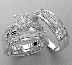 3Ct Lab Created Diamond in 14K White Gold Plated His &amp; Her Wedding Trio Ring Set - £83.60 GBP