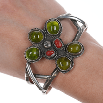 6.75&quot; m Southwestern Sterling Green stone and coral cuff bracelet - £199.44 GBP