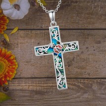 Ladybug Love Heart Cross Necklace Sterling Silver Ladybug Abalone Shell Pendant  - $104.74