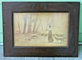 Rare Old ANTIQUE ART PRINT IN BLK  WOOD Frame Landscape of Woman Shepard - £130.55 GBP