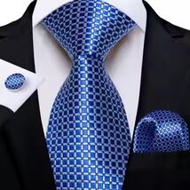 Royal Blue (Small Squares) Necktie Set (with Hanky and Cufflinks) - $18.99