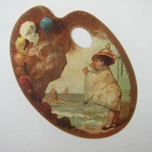 Victorian Trade Card Artist Palette Die Cut Boy Smoking Shore Sailboat Antique - £15.62 GBP