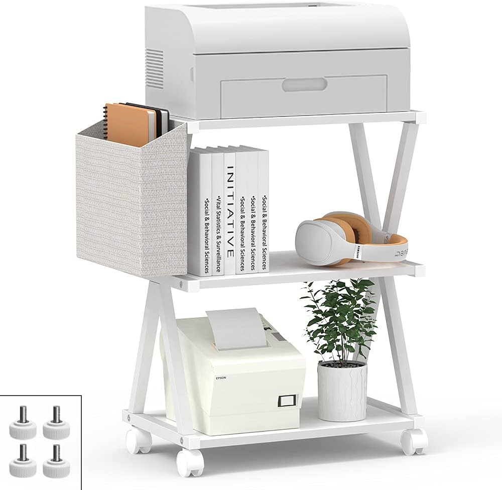 Vedecasa White Mobile Printer Stand 3 Tier Wood Shelf Metal Frame Printe... - $77.99
