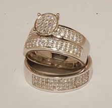 Trio Set His/Hers White Gold Finish Wedding Bands Engagement ring Man&#39;s &amp; ladies - £111.88 GBP