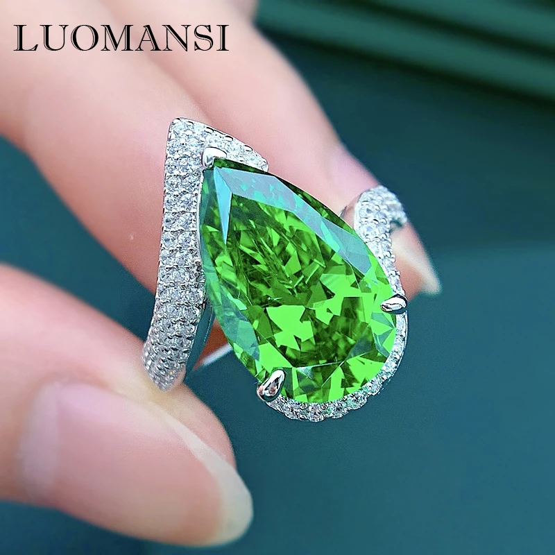 Water Drop Green High Carbon Diamond 925 Ring Woman Silver Jewelry Wedding Anniv - £59.74 GBP