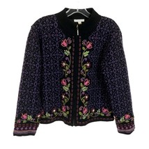Womens Size Small Carson Black Lambswool Floral Embroidered Full Zip Swe... - $39.19