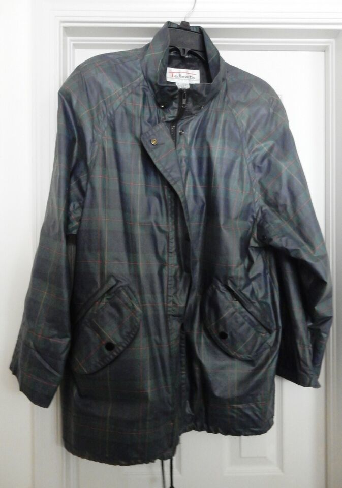Primary image for TALBOTS Tartan Plaid Jacket Coat Coated Cotton All Weather Size S Oversized VTG