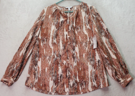 Nine West Blouse Top Women&#39;s M White Brown Snake Skin Print V Neck Button Front - £18.15 GBP