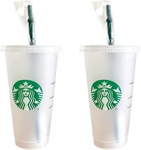 Starbucks 2 Pack Reusable Venti Frosted Cold Cup With Lid &amp; green Straw 24 fl.oz - £9.58 GBP