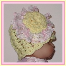 Yellow Baby Hat With Large Pink Lace Flower Newborn Originalsbycindy Hats - £11.55 GBP