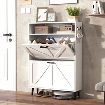 Farmhouse Shoe Cabinet: Barn Door, Flip Drawers, Hooks - Entryway White - $2,247.32 MXN