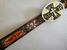 Christian JESUS IS LORD Genuibe Leather Cowhide Belt with Diamond Cut Cross   - £31.61 GBP