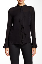 New Womens 2 NWT $295 Rachel Zoe Silk Blouse Top Black Ruffle Front Long Sleeves - £234.01 GBP