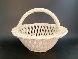 Braided White Woven Ceramic Basket Rope Handle Flared Lip MINT - $24.00