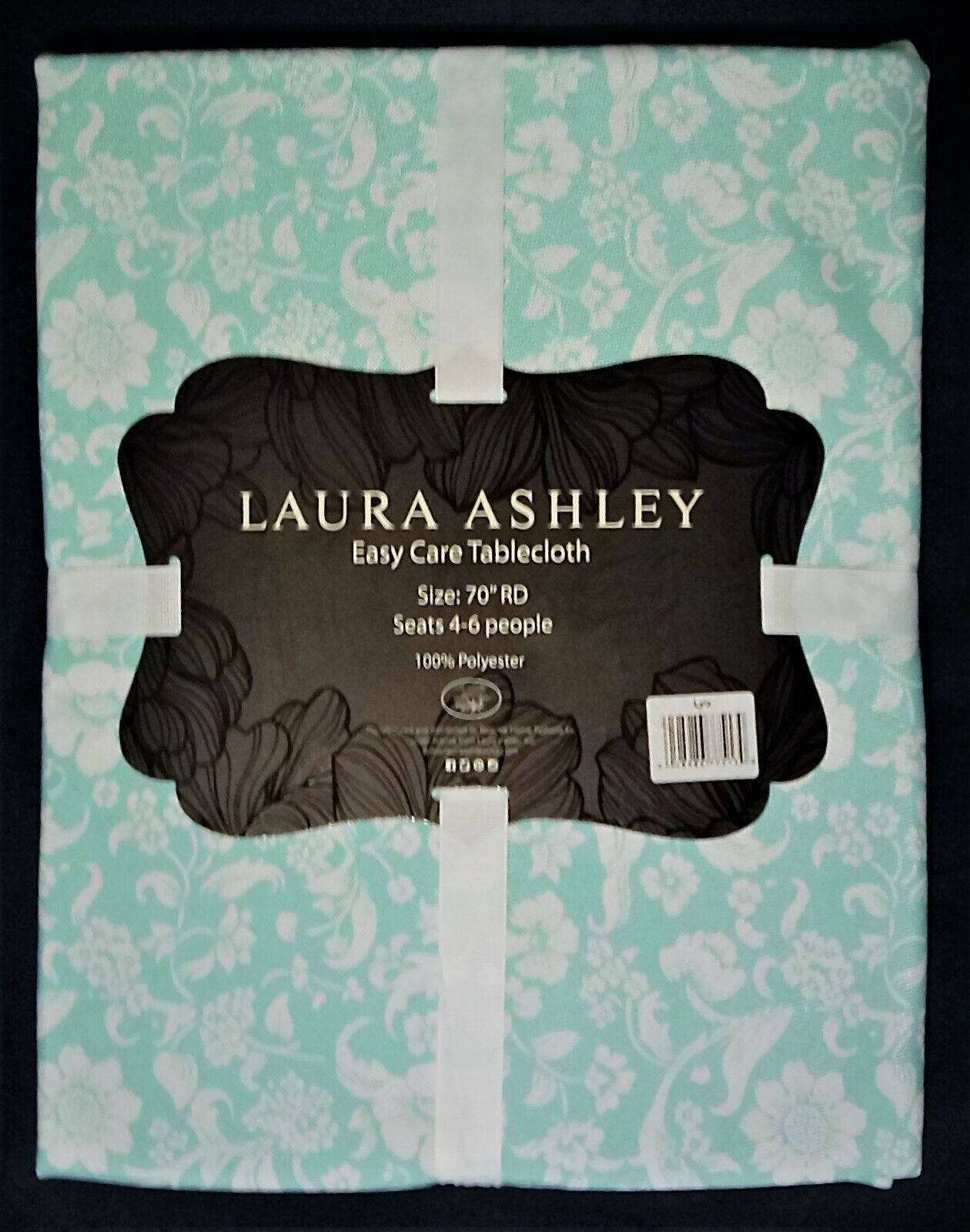 NIP Laura Ashley Lyla Round Fabric Tablecloth 70" Spring Floral Aqua & White - $42.26