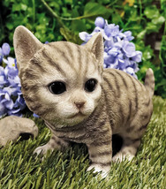 Lifelike Crouching Grey Striped Tabby Cat Statue 8.25&quot;Long Realistic Gla... - $562.94 MXN