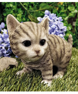 Lifelike Crouching Grey Striped Tabby Cat Statue 8.25&quot;Long Realistic Gla... - €25,68 EUR