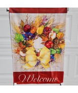 WELCOME Fall Wreath of Fruit Garden Flag Decor 42.5&quot;x29&quot; Mary Jo Recker ... - $263.22 MXN