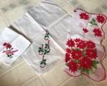 Vintage Handkerchiefs Lot of 3 Red embroidered Pointsetta Candle Holly O... - $21.51