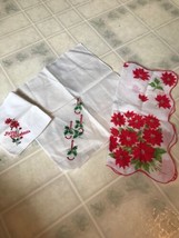 Vintage Handkerchiefs Lot of 3 Red embroidered Pointsetta Candle Holly One Print - £17.09 GBP