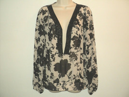 Nicole Miller Blouse Size 8 (Runs Larger) Sheer Floral Bead Trim Long Sleeves - £11.62 GBP