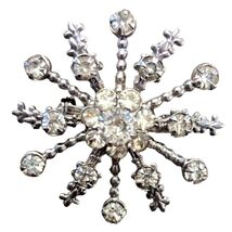 Vintage 1960s Snowflake Brooch Pin Starburst Silver Metal Rhinestones 1.... - $14.46