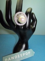 Pearl Bead & Swirl Rhinestone Ring JJJ 925 Silver With Gold Plate Ring Size 7 - £27.25 GBP