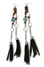 Dyed Turquoise White Howlite Skull Tassel 8&quot; Long Dangle Halloween Earrings - £10.90 GBP