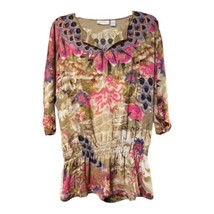 Chicos Womens Tan Brown Floral 3/4 Sleeve Shirt/Top Size Chicos 1 or Medium 8 - £7.86 GBP