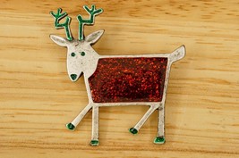 Vintage Costume Jewelry Christmas Red Glitter Enamel Reindeer Metal Brooch Pin - £15.56 GBP