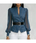 Women’s Denim Patchwork Blouse with Mesh Puff Sleeves &amp; Wrap Front - $48.99