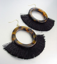 GORGEOUS Brown Black Tortoise Shell Resin Ring Silky Cords Tassel Earrings - £15.27 GBP