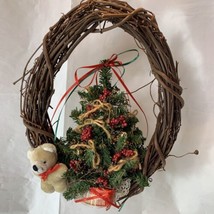 Vintage Handmade Grapevine Christmas Wreath With Christmas Tree Teddy Bear 12&quot; - £6.39 GBP