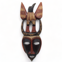 Vintage Wood Haiti Tribal Mask With Bird On Top Hand Carved &amp; Paint Wall... - $30.74