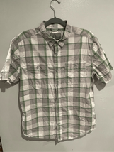 ROYAL ROBBINS Button Down Shirt-White/Green S/S Cotton Mens Plaid Large - $8.79