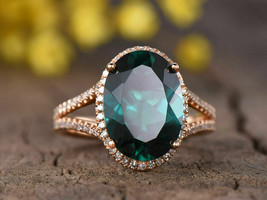 3Ct Oval Cut Simulated  Emerald Halo Ring Gold Plated 925 Silver - £102.86 GBP