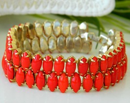 Vintage Strand Bracelet Lipstick Red Glass Plastic Navettes Prong Set - $19.95