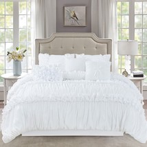 HIG 7 Piece Ruched Pleat Comforter Set White Romantic Bed in a Bag - King/Queen - £55.38 GBP+