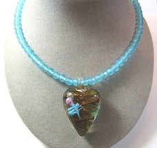 Blue Glass Paperweight Flower Heart Pendant 17&quot; Necklace Sterling Silver Clasp - £29.20 GBP