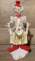 Vintage Cute Ceramic Clown 11&quot; Taiwan Yellow Red with Dresden Look Lace - £9.31 GBP