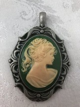 Cameo Pendant Green Background On Pewter 3” Length Vintage Lady Head - £15.10 GBP