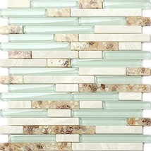 Glass Stone Linear Mosaic Tile Lake Green Whtie Polished Bathroom Wall Tiles - £19.17 GBP+