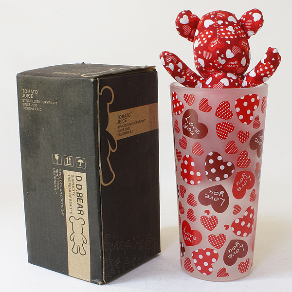 [Heart Red] Stuffed Bear Glass Cup (6.3 inch height)