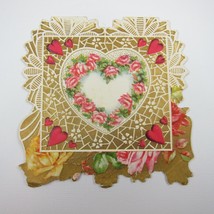 Vintage Valentine Card Gold Die cut Bifold Pink &amp; Yellow Roses Red Heart... - £7.86 GBP