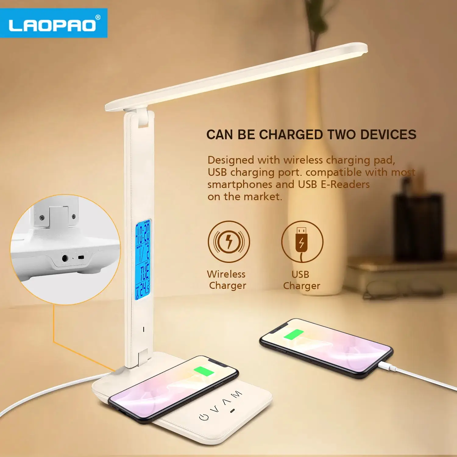 Hot QI Wireless Charging LED Desk Lamp 10W With Calendar Temperature Ala... - $51.94