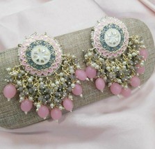 Gold Plated Indian Bollywood Style Enameled Earrings Pink Pearl Jewelry Set - £22.77 GBP