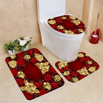 Red Rose 3D Shower Curtain, Golden Rose Bathroom Curtain 4Pcs Set- Non-Slip Rug - £35.97 GBP